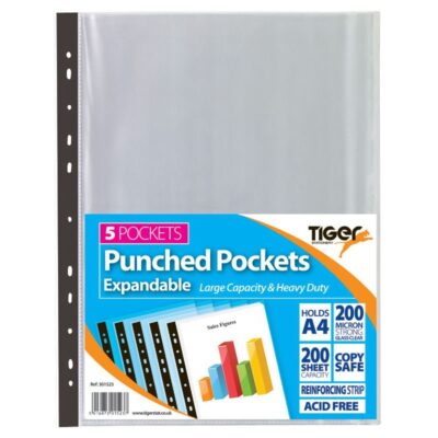 Tiger Multi Punched Expandable Pocket Polypropylene A4 150 Micron Top Opening Clear (Pack 5) – 301523