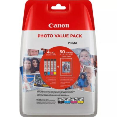 Canon CLI571XL Black Cyan Magenta Yellow High Yield Ink Cartridge Multipack 4 x 7ml (Pack 4) - 0332C005