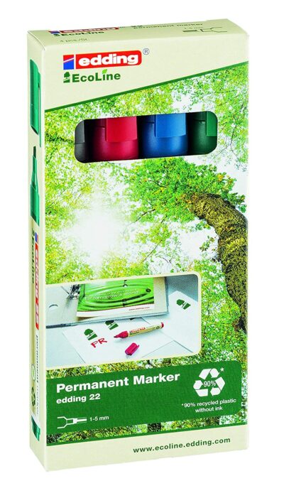 edding 22 EcoLine Permanent Marker Chisel Tip 1-5mm Line Assorted Colours (Pack 4) - 4-22-4