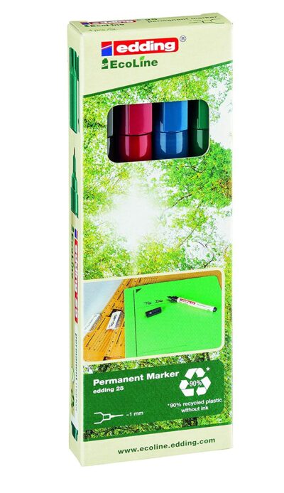 edding 25 EcoLine Permanent Marker Bullet Tip 1mm Line Assorted Colours (Pack 4) - 4-25-4