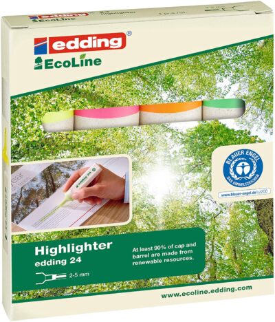 edding 24 EcoLine Highlighter Pen Chisel Tip 2-5mm Line Neon Assorted Colours (Pack 4) – 4-24-4