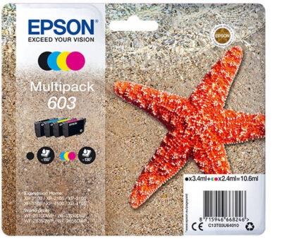 Epson 603 Starfish Black Cyan Magenta Yellow Standard Capacity Ink Cartridge Multipack 3.4ml + 3 x 2.4ml (Pack 4) - C13T03U64020