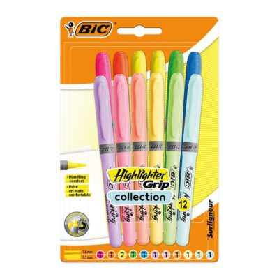 Bic Grip Highlighter Pen Chisel Tip 1.6-3.3mm Line Assorted Pastel Colours (Pack 12) - 992562