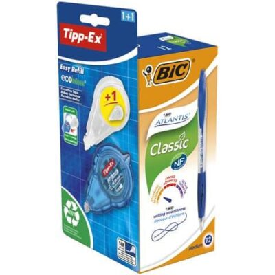 Bic Atlantis Retractable Ballpoint Pen 1mm Tip 0.32mm Line Blue with 1 x Free Tipp-Ex Ecolutions Easy Refill Correction Tape (Pack 12) – 989681