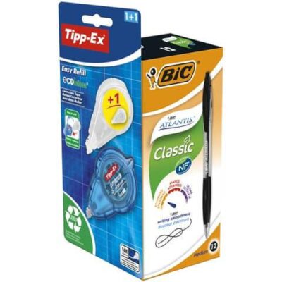 Bic Atlantis Retractable Ballpoint Pen 1mm Tip 0.32mm Line Black with 1 x Free Tipp-Ex Ecolutions Easy Refill Correction Tape (Pack 12) – 989679