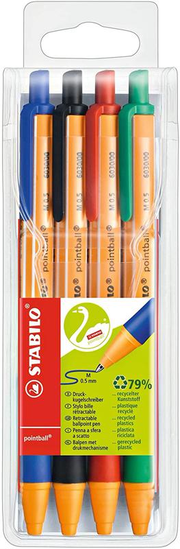 STABILO pointball CO2 neutral Retractable Ballpoint 0.5mm Line Black/Blue/Red/Green (Wallet 4) 6030/4