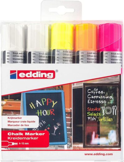 edding 4090 Chalk Marker Chisel Tip 4-15mm Line Assorted Colours (Pack 5) – 4-4090999