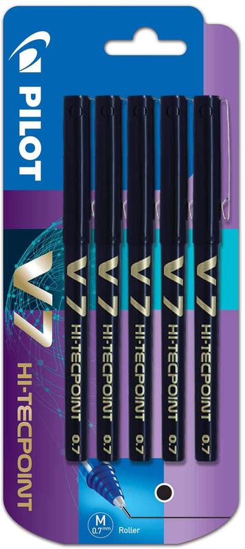 Pilot V7 Hi-Tecpoint Liquid Ink Rollerball Pen 0.7mm Tip 0.5mm Line Black (Pack 5) - 3131910546153