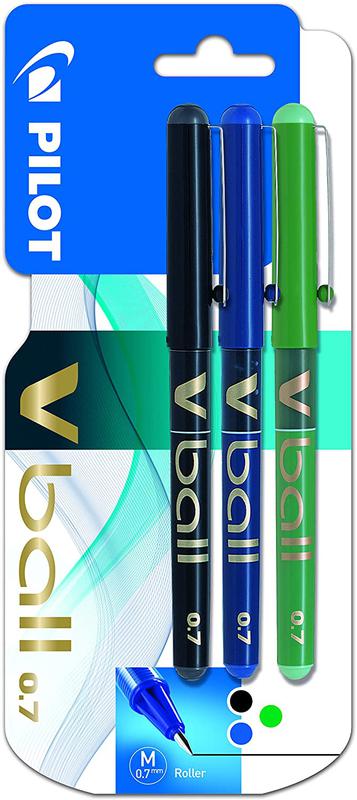 Pilot VBall Liquid Ink Rollerball Pen 0.7mm Tip 0.4mm Line Black/Blue/Green (Pack 3) - 3131910540878UK