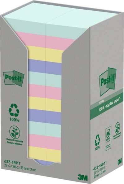 Post it Recycled Notes Assorted Colours 38x51mm 100 Sheets (Pack 24) 7100259447