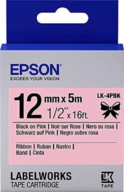 Epson LK-4PBK Black on Pink Satin Ribbon Label Cartridge 12mm x5m - C53S654031