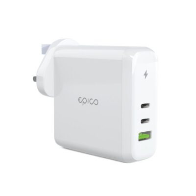 Epico 100w GAN Charger with UK Plug 2 x USB-C Ports and 1 x USB-A Port