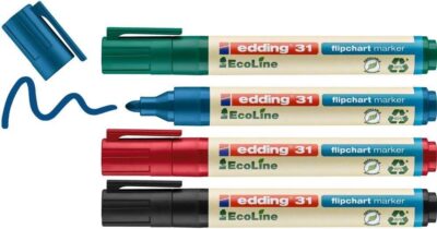 edding 31 EcoLine Flipchart Marker Bullet Tip 1.5-3mm Line Black Blue Red Green (Pack 4) – 4-31-4