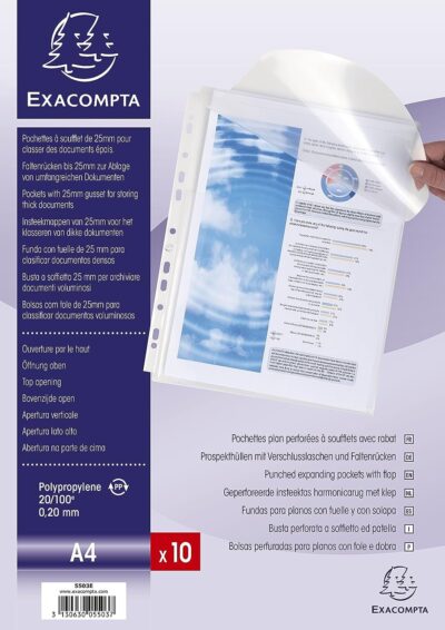 Exacompta Expanding Punched Pockets With Flap A4 Clear (Pack 10) - 5503E