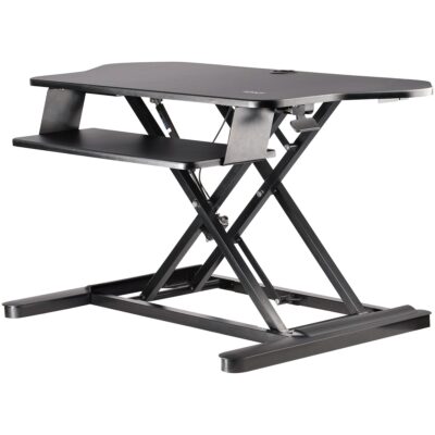 StarTech.com Height Adjustable Ergonomic Corner Sit Stand Desk Converter with Keyboard Tray 35 x 21 Inches Large Surface