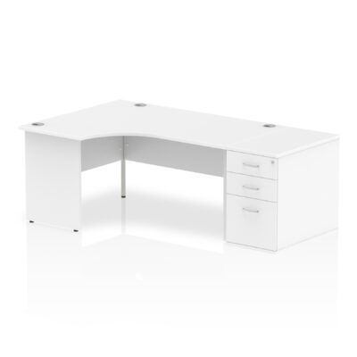 Dynamic Impulse 1600mm Left Crescent Desk White Top Panel End Leg Workstation 800mm Deep Desk High Pedestal Bundle I000610