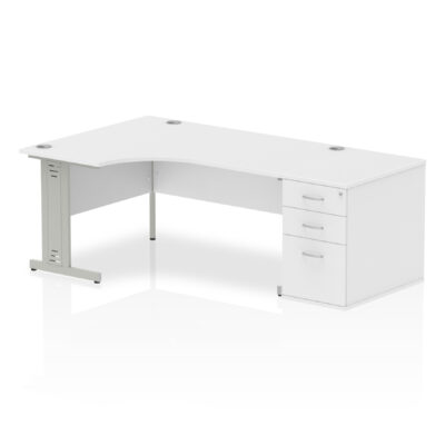 Dynamic Impulse 1600mm Left Crescent Desk White Top Silver Cable Managed Leg Workstation 800mm Deep Desk High Pedestal Bundle I000658