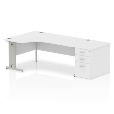 Dynamic Impulse 1800mm Left Crescent Desk White Top Silver Cable Managed Leg Workstation 800mm Deep Desk High Pedestal Bundle I000662