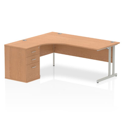 Dynamic Impulse 1800mm Left Crescent Desk Oak Top Silver Cantilever Leg Workstation 600mm Deep Desk High Pedestal Bundle I000869