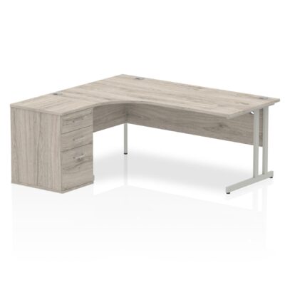 Dynamic Impulse 1800mm Left Crescent Desk Grey Oak Top Silver Cantilever Leg Workstation 600mm Deep Desk High Pedestal Bundle I003201