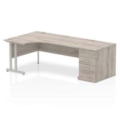 Dynamic Impulse 1800mm Left Crescent Desk Grey Oak Top Silver Cantilever Leg Workstation 800mm Deep Desk High Pedestal Bundle I003202