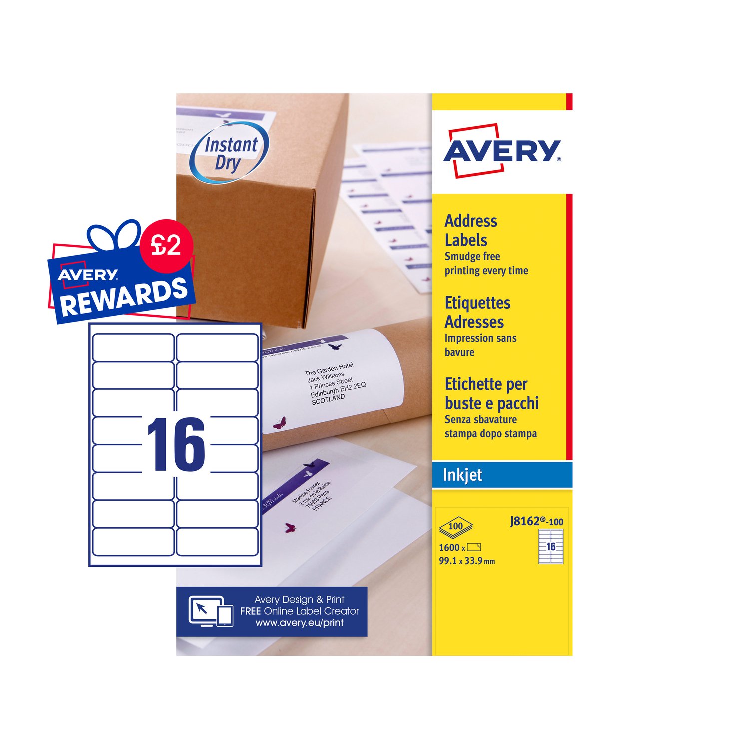 Avery Inkjet Address Label 99x34mm 16 Per A4 Sheet White Pack 1600 Labels J8162 100 Office 6657