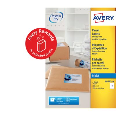 Avery Inkjet Address Label 200×143.5mm 2 Per A4 Sheet White (Pack 200 Labels) J8168-100
