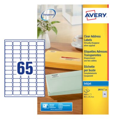 Avery Inkjet Mini Label 38.1×21.2mm 65 Per A4 Sheet Clear (Pack 1625 Labels) J8551-25