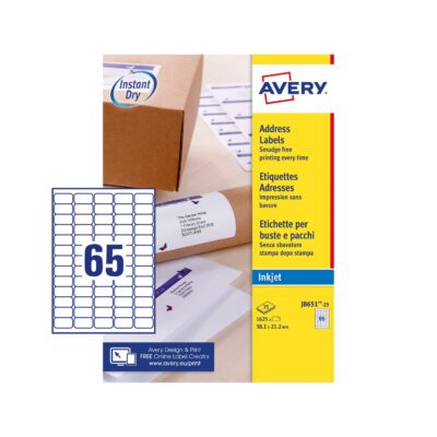 Avery Inkjet Mini Label 38.1×21.2mm 65 Per A4 Sheet White (Pack 1625 Labels) J8651-25