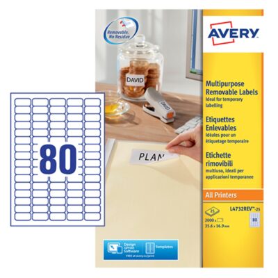 Avery Multipurpose Mini Removable Label 35.6×16.9mm 80 Per A4 Sheet White (Pack 2000 Labels) L4732REV-25