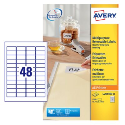 Avery Multipurpose Mini Removable Label 45.7×21.2mm 48 Per A4 Sheet White (Pack 1200 Labels) L4736REV-25