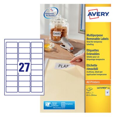 Avery Multipurpose Mini Removable Label 63.5×29.6mm 27 Per A4 Sheet White (Pack 675 Labels) L4737REV-25