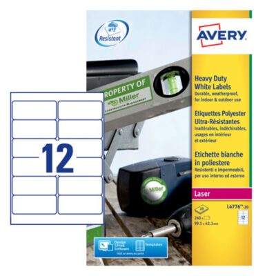 Avery Laser Heavy Duty Label 99.1×42.3mm 12 Per A4 Sheet White (Pack 240 Labels) L4776-20