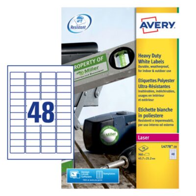 Avery Laser Heavy Duty Label 45.7×21.2mm 48 Per A4 Sheet White (Pack 960 Labels) L4778-20