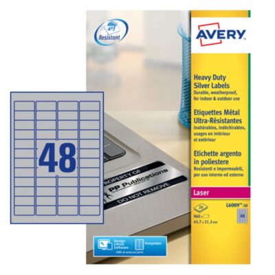 Avery Laser Heavy Duty Label 45.7×21.2mm 48 Per A4 Sheet Silver (Pack 960 Labels) L6009-20