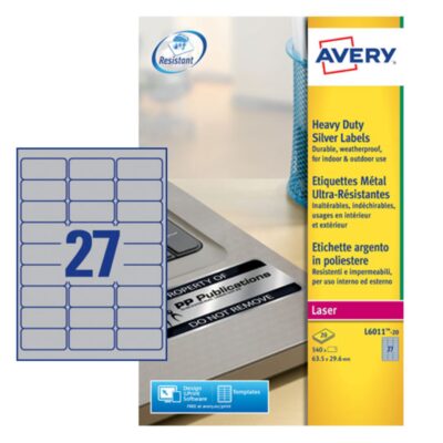 Avery Laser Heavy Duty Label 63.5×29.6mm 27 Per A4 Sheet Silver (Pack 540 Labels) L6011-20