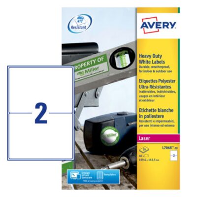 Avery Laser Heavy Duty Label 200×143.5mm 2 Per A4 Sheet White (Pack 40 Labels) L7068-20