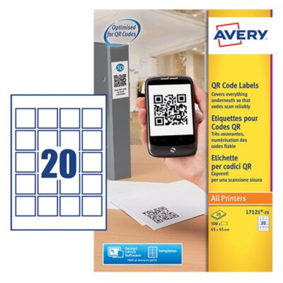 Avery QR Code Label 45x45mm 20 Per A4 Sheet White (Pack 500 Labels) – L7121-25