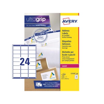 Avery Laser Address Label 63.5×33.9mm 24 Per A4 Sheet White (Pack 2400 Labels) L7159-100