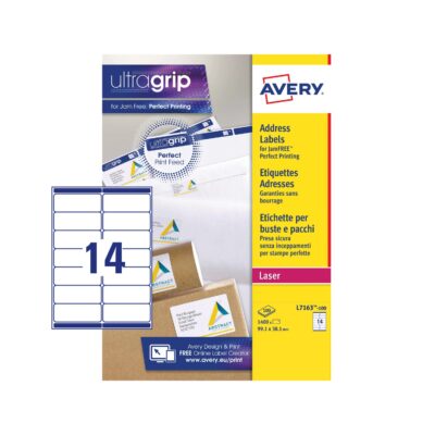 Avery Laser Address Label 99.1×38.1mm 14 Per A4 Sheet White (Pack 1400 Labels) L7163-100