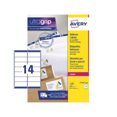 Avery Laser Address Label 99.1×38.1mm 14 Per A4 Sheet White (Pack 3500 Labels) L7163-250