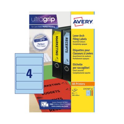 Avery Laser Filing Label Lever Arch File 200x60mm 4 Per A4 Sheet Multicoloured (Pack 80 Labels) – L7171A-20