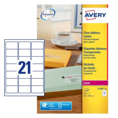 Avery Laser Address Label 63.5x38mm 21 Per A4 Sheet Clear (Pack 525 Labels) L7560-25