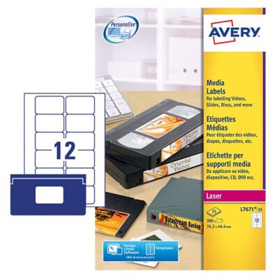 Avery Laser Video Face Label 76.2×46.4mm 12 Per A4 Sheet White (Pack 300 Labels) L7671-25