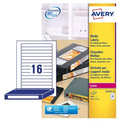 Avery Laser Video Spine Label 145x17mm 16 Per A4 Sheet White (Pack 400 Labels) L7674-25
