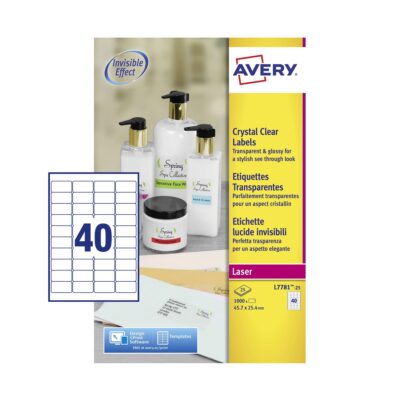 Avery Laser Label 45.7×25.4mm 40 Per A4 Sheet Crystal Clear (Pack 1000 Labels) L7781-25