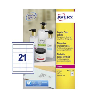 Avery Laser Label 63.5×38.1mm 21 Per A4 Sheet Crystal Clear (Pack 525 Labels) L7782-25