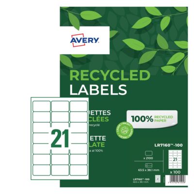 Avery Laser Recycled Address Label 63.5×38.1mm 21 Per A4 Sheet White (Pack 2100 Labels) LR7160-100
