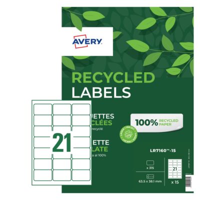 Avery Laser Recycled Address Label 63.5×38.1mm 21 Per A4 Sheet White (Pack 315 Labels) LR7160-15