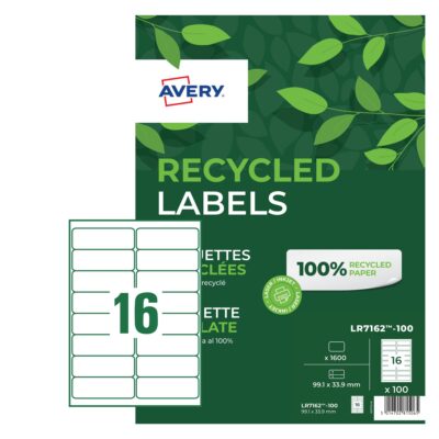Avery Laser Recycled Address Label 99.1×33.9mm 16 Per A4 Sheet White (Pack 1600 Labels) LR7162-100